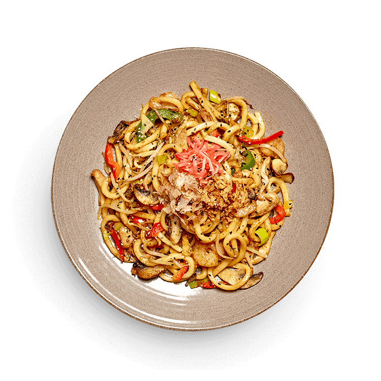 chicken + prawn yaki udon